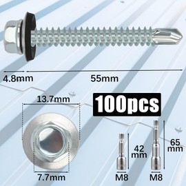 sturiz 100PCS 4.8x55 mm Self Drilling Screws for Metal Roofing Screws with Rubber Washers Hex Head Self Tapping Screws und 2 M8 Hex Socket Tech Screws Zinc Corrugated Roof Fixings for Tin Roof