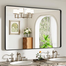 REYPEK 48x32 Black Bathroom Mirror for Over Sink, Metal Framed Vanity Mirror Wall Mounted, Large Modern Rectangle Mirror for Bedroom Living Room Restroom Entryway, Anti-Rust, HD Tempered Glass