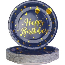 EVYIENEN Pack of 50 Happy Birthday Blue and Gold Paper Plates, 7 Inch Party Plates, Gold Foil Party Disposable Dessert Plates Set, Paper Plates Birthday, Party Plates Set for Picnics, Graduation