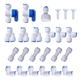 JBT 1/4" OD Quick Connect Push in to Connect Water Tube Fitting (Ball Valve + T + L + I + Y + Faucet connection + end caps, 24-Pack)