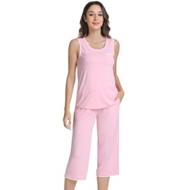 NACHILA Women's Pajamas Set-Viscose Made From Bamboo, Sleeveless Pj Tank Top Capri Pants Soft Sleepwear Cooling Sleep Sets Pink XL