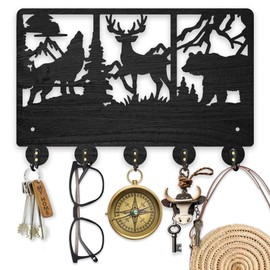 MAYJOYDIY Forest Animal Key Hangers for Wall Decor 11.8x7.8inch Wolf Deer Bear Wood Key Rack Nature Tree Widlife Key Holder with 5 Alloy Hooks for Entryway Bedroom Living Room