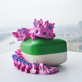 3D Printed Axolotl Fidget, Big 3 d Print Flower Axolotls Dragon with Flexible Wings, 12 inch Wiggly Hand-Paint Articulated Large Creatures DeepPink