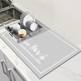 Findosom Dish Drying Mat, 16"x24" Absorbent Coffee Bar Mat for Countertops, Coffee Bar Accessories with Coffee Cup Pattern for Kitchen Counter Coffee Maker Coffee Pot Dining Room Decoration