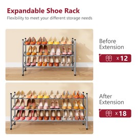 Tajsoon Expandable Shoe Rack for Closet 3 Tier, 28“-41“Adjustable & Stackable Shoe Shelf Storage, Metal Shoe Rack Organizer for Front Door Entrance, Closet, Garage, Entryway, Grey