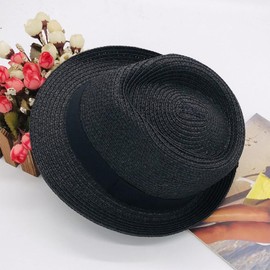 Little Ant Straw Fedora Hat, Unisex Packable Straw Panama Trilby Derby Hat Sun Protection Beach Cap (AU, Alpha, Large, Black)