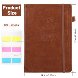 A5 Lined Journal Notebook, Hardcover Leather Journals for Women Men Gifts Office School with 60 Label Stickers, 200 Pages 100gsm Thick Paper, 21.5 X 14.5 cm - Brown