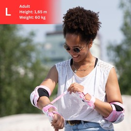 SKATEWIZ Knee and Elbow Pads Adult - Skating Pads Adult Knee Pads Scooter - SMASH - Size L/XL Pink White - Wrist Guards Skating Adult - Scooter Knee Pads Skate Pads