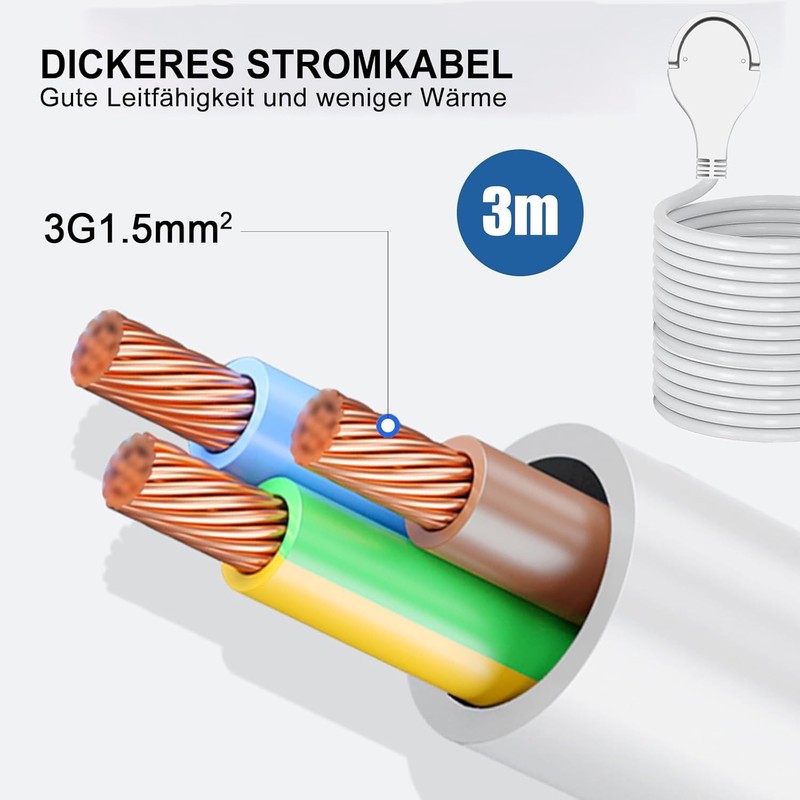 EXTRASTAR 4-Way Power Strip, Flat Plug Multiple Socket with 3