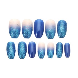 Andy's Orchids 24pcs Medium Coffin Press on Nails, Sky Blue Glitter Ballerina False Nails, Glitter Artificial Fake Nails, Full Cover Press On Nails DIY Detachable Manicure Nail for Women