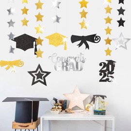 Black-Gold Silver Graduation Party-Decorations Garland - 8pcs Congrats Grad Class 2025 Banner,Star Hat Hanging Streamers,College High School Congratulations Master Classroom Backdrop Decor Burgleda