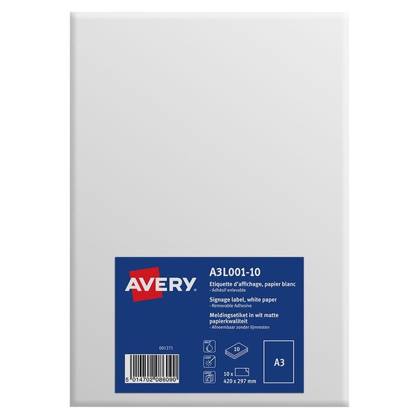 Avery A3 Durable Printable Signs/A3 Signage, Matt White, 297 x 420 mm, Pack of 10
