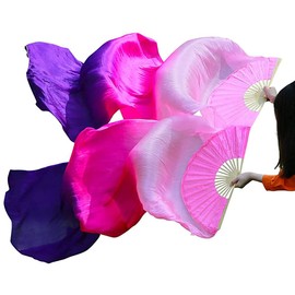 Nimiman Women 1 Pair (Left+Right) Silk Belly Dance Fan Veils Belly Dancing Long Fans Length 180 cm Width 90 cm (Pink Rose Purple)