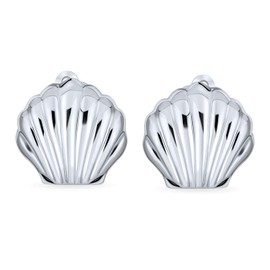 Carved Seashell Shaped Nautical Polished Clip On Earrings For Women Non Pierced Ears .925 Sterling Silver Alloy Clip