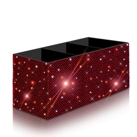 Bling Makeup Brush Holder Organizer, 3 Slot Sparkle Cosmetics Brushes Storage Holders with Shiny Rhinestones, Glitter Cute Pen and Pencil Holder for Desk, Eyeliners Display Case for Vanity (Wine red)