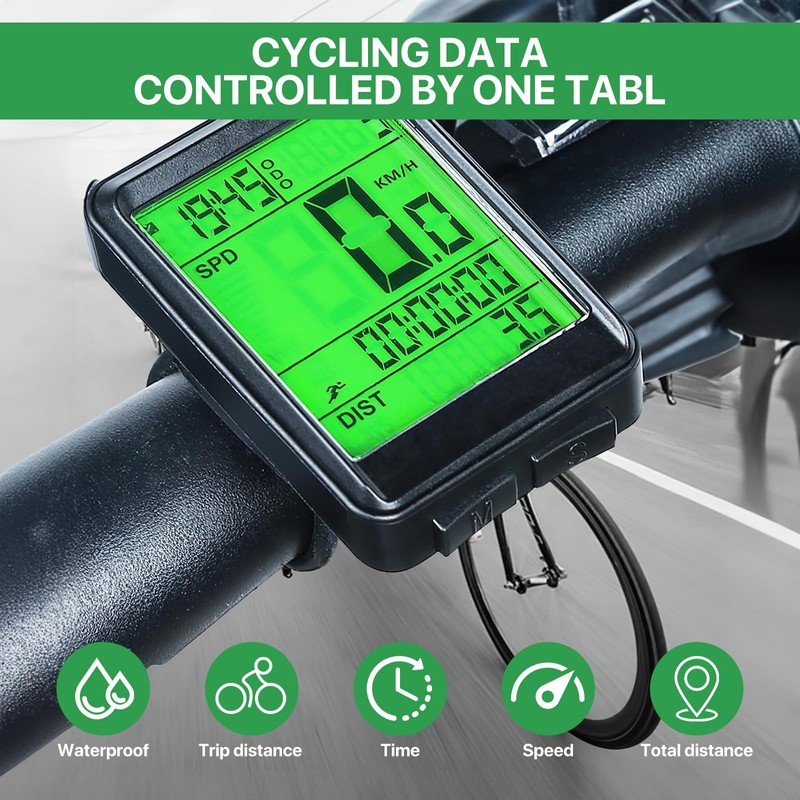 Bike Computer 12 Functions IP54 Waterproof Bicycle Speedometer Odometer, Cycling