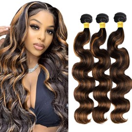 P1B30 Bundles Highlight Body Wave Human Hair Bundles Two Tone Black Mixed With Light Brown Bundles Color 30 Bundles Human Hair 3 Bundles 32 32 32 Inch