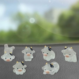 6PCS Cute Cow Car Rear View Mirror Ornaments, Funny Luminous Car Dashboard Decoration Set, Mini Resin Center Console Decoration, Cartoon Figurine Car Interior Accessories for Women Men (Clear White)