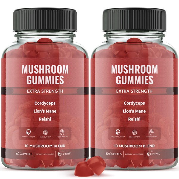 Dr. Emy's Mushroom Gummies for Women & Men,Anti Aging,Brain Support,Immunity Support,Energy Support.Mushroom Supplement-10 Mighty Mushrooms. Gelatin Free Vegan 60 Ct Each (2)