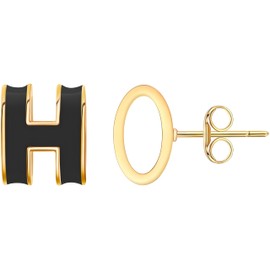 H Necklace, H earrings, Gold Stud Earrings for Women – Hypoallergenic Stainless Steel with H Enamel Color, Elegant & Trendy Jewelry for Sensitive Ears, Classic Round Enamel Earrings for Daily Wear (Earrings Black)