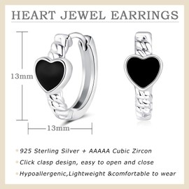 Cangall Silver Hoop Earrings for Women, 925 Sterling Silver Black Heart Hoop Earrings, Hypoallergenic Small Cartilage Sleepers Hoop Earrings, Huggie Silver Earrings Jewellery Gifts for Girls Teen