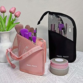 HOLADAWN Makeup Brush Holder Travel, Mesh Cosmetic Organizer Bag with Zipper (Black)