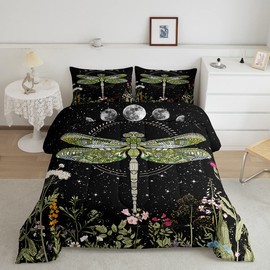 Wildflower Dragonfly Bedding Set Inner Fill for Boys Girl Twin,Moon Phase Botanical BKids Comforter Vintage Plant Nature Blossom Leaf Floral Garden Herbs Leaves Comforter Set,Bohemian Quilt Set Decor