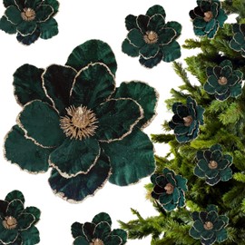 ZHANGBY 12 Pcs Christmas Velvet Poinsettia Flowers Ornaments, Glitter Artificial Magnolia for Xmas Tree Decorations (Dark Green, 8.8 Inch)