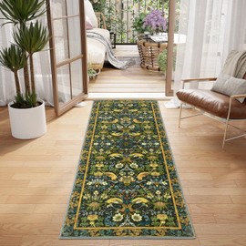 Runner Rug - 2'x10' Boho Washable Kitchen Rug, Non-Slip Soft Low Pile Rugs Indoor for Hallway Hall Living Room Bedroom Sunroom, Vintage Stair Carpet Stain Resistance (Dark Green, 2x10ft)