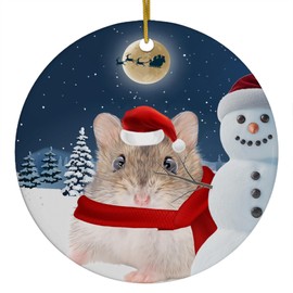 Festive Winter Night Pet and Snowman Ornament - Gray Hamster Christmas Ornament Circle Ceramic - Funny Holiday Xmas Tree Decoration Gifts for Hamster Lovers