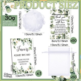 Anglechic 50 Sets Baby Shower Favors for Guests Include 50 Pcs Bath Sponge Loofahs 50 Pcs Thank You Cards 50 Pcs White Organza Bags 1 Wooden Sign for Baptism Baby Shower Gender Reveal Birthday