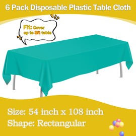 tujol Teal 6 Pack Plastic Table Cloth 54" x 108", Disposable Tablecloths Rectangle Table Cover, Plastic Tablecloths for Parties