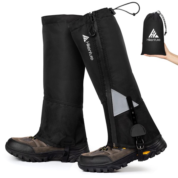 HIKENTURE Leg Gaiters Hiking for Men & Women with Waterproof Zipper Anti-Tear Gators Snowshoeing Adjustable Snow Boot Gaiters for Climbing, Hunting, Skiing, Running (Black-M)