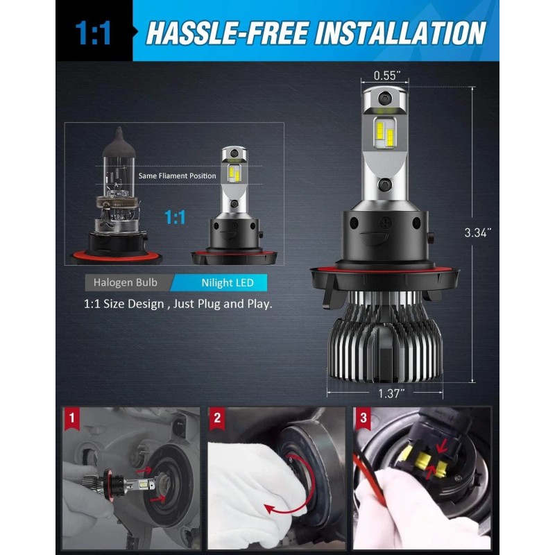 Nilight H13 LED Headlight Bulbs H13/9008 Hi/Lo Beam LED Headlight