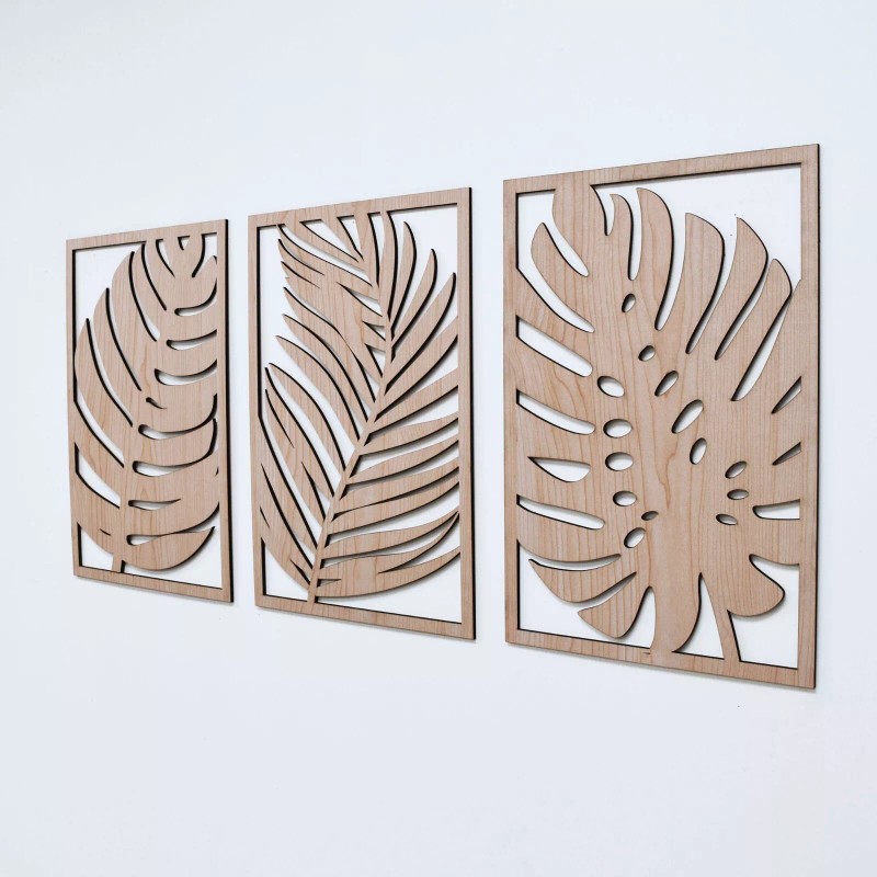 Decor Tropical Leaves Wood Wall Art, 3 Panel Set, Monstera