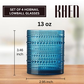 Khen Hobnail Reusable Plastic Drinking Glasses, Retro Colors Design, Shatterproof | 4 Set | Tritan Tumblers, Acrylic Unbreakable Beaded Cups, Dishwasher Safe 11oz, Water Cups BPA-free, Indoor, Outdoor