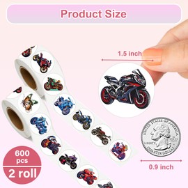 UVUXO 600 Pcs Motorcycle Stickers Rolls for Kids-Round 1.5 Inch 16 Tyles Cartoon Racing Kindergarten Stickers Teacher Sticker for Kids Birthday Party School Reward Giveaways