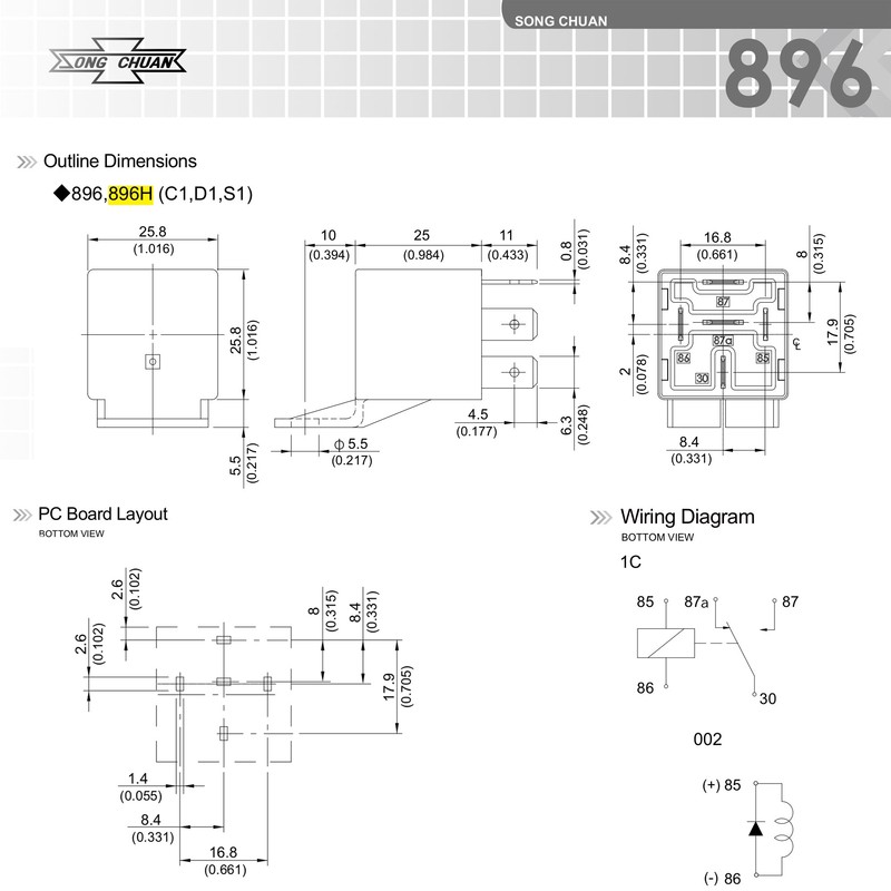 Song Chuan 896H-1CH-D1 Automotive 30/50A Relays, 12VDC, 12V w/Bracket (Pack