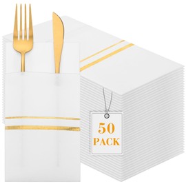 Roshtia 50 Pack Dinner Napkins Disposable Linen Feel Dinner Napkins with Built-in Flatware Pocket Gold Trim Lined Pre Folded Paper for Wedding Party (White,Gold)