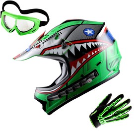 WOW Updated Youth Motocross Helmet Kids Motorcycle Bike Helmet Shark Green + Goggles + Skeleton Green Glove Bundle