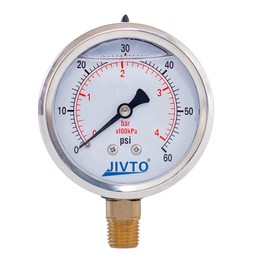JIVTO Pressure Gauge,Glycerin Liquid Filled,2-1/2" Dual Scale Dia,0-60 psi/bar/kpa,1/4" NPT Male Brass Connection,Lower Mount, Stainless Steel Case, Pneumatic,Pump,Hose,Well Tank,Gas Air Water Oil