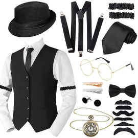 1920s Mens Costume Accessories Set for Adult, Roaring Retro 20s Gatsby Gangster Costume Outfit with Vest Fedora Hat Pocket Watch Tie Suspenders for Party Supplies-XL Black
