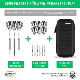 Champify® Blizzard 90% Tungsten Darts Set with Black Dart Case, 3 Steel Darts with 9 Aluminium Shafts and 9 Flights, Dart Set with Accessories, Darts with Metal Tip 23 g