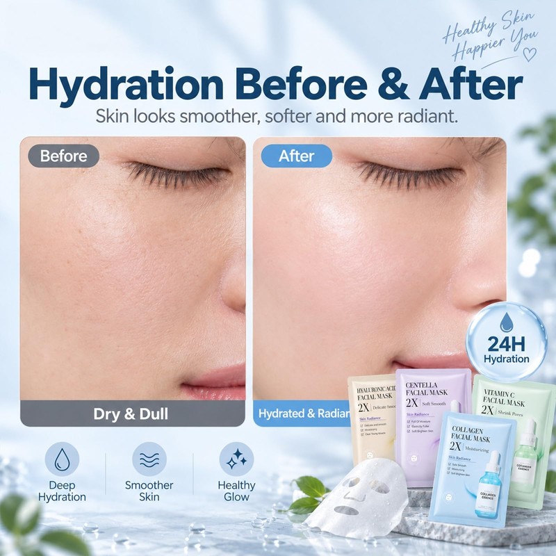 16 Pack Korean Sheet Face Mask Skin Care Set for