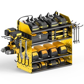 CCCEI Modular Desk Power Tools Organizer with Charging Station, 4 Layer Drills Battery Storage Wall Mount, Garage Shop Organization, Anniversary, Birthday, Gifts for Men, Father, Yellow, 10FT Cord.