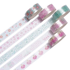 KAVI' S 5 Rolls Floral Washi Tape Set PET Decorative Flowers Patterns Transparent Masking Tapes for Arts, DIY Crafts, Journals, Planners, Scrapbook, Wrapping (Sakura)