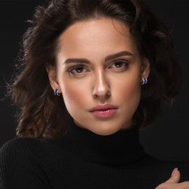 Blue C Shape Hoop Earrings for Women Colorful Sterling Silver Hoop Earrings Dark Blue Enamel Earrings Silver and Blue Wide Hoop Earrings for Gift