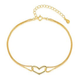 Gold Plated Bracelets for Women, 925 Sterling Silver Bracelet Heart Bracelet Double Chain Adjustable 18+5CM Women's Gift