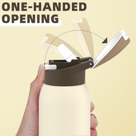 koodee 24oz FreeSip Insulated Stainless Steel Water Bottles with Straw,Quick Flip GO Bounce cup Thermo-flask,Pop & Fill Double-Wall Vacuum Bottle,Great for Sports & Travel,BPA-Free (Cream Cocoa)