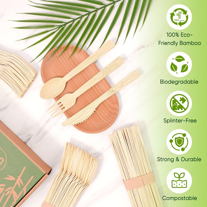 Disposable Bamboo Utensils Set, 100 PCS (50 Forks, 25 Spoons,